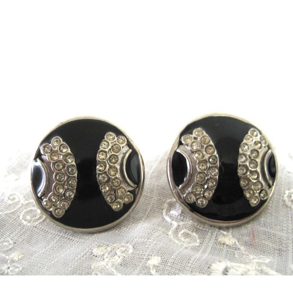 Gianni Versace Vintage 80s Clip On Earrings Black Enamel Rhinestone Italy